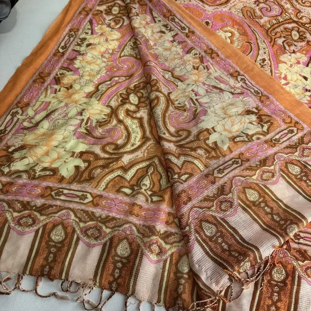 Paisley Fringe Wrap Scarf in Burnt Orange and Pink
